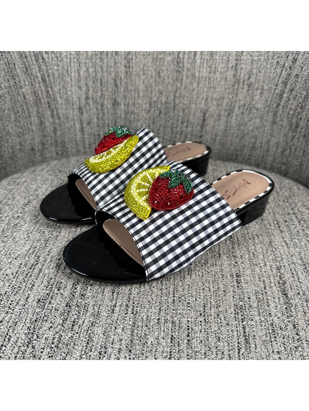 Betsey Johnson Lindy Black White Gingham Fruit Embellished Slide Sandals Size 8M
